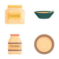 Tahini dressing icons set cartoon . Tahini sesame seed paste vector