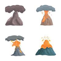 Volcanic activity icons set cartoon . Vulcan eruption with burning lava vector