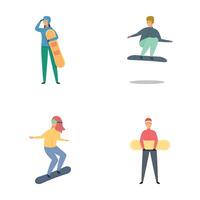 Snowboarder icons set cartoon . Snowboarder in training to learn ride vector