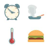 Insomnia cause icons set cartoon . Junk food smoking and high temperature vector