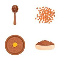 Set of four illustrated buckwheat food items, including cooked and raw variants vector