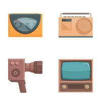 Set of four colorful icons representing retro electronics including a tv, radio, camera, and scale vector