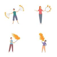 Set of cartoon fire performers with flaming props vector