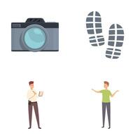 Hiking adventure elements camera, footprints, and explorers vector