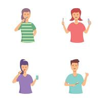 Set of people practicing dental hygiene with toothbrush and toothpaste vector