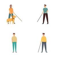 Set of blind person icons with guide dog and cane vector