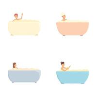 Set of diverse cartoon characters relaxing in bathtubs, isolated on white vector
