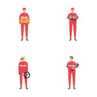 Set of delivery service workers in uniform with parcels and equipment vector