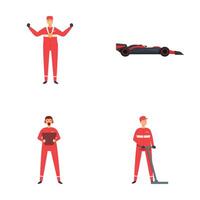 Set of pit crew and racing car illustrations vector