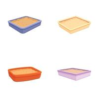 Collection of cartoonstyle pet litter boxes in various colors isolated on a white background vector