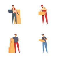 Set of delivery men characters with boxes vector