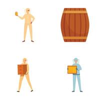 Set of brewery workers with beer, barrel, and crates vector