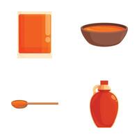 Set of colorful illustrations featuring honey products including jar, bowl, dipper, and bottle vector