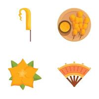 Flat design icons, honey dipper, bbq skewers, carambola and fan vector