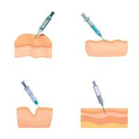 Collection of four illustrations showing syringes and injections into skin layers vector