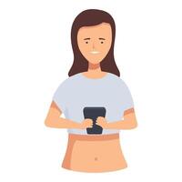 Young woman is holding a mobile phone with both hands while smiling vector