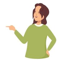 Young woman pointing with finger showing something interesting presenting smiling face expression vector