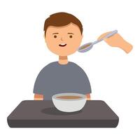 Young boy is smiling while being fed soup by a nurse or parent vector