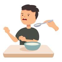 Child refusing to eat soup being fed by parent at kitchen table vector