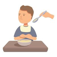 Stubborn kid refusing to eat sitting at table with bowl and spoon vector