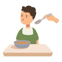 Sad child sitting at table refusing to eat dinner while adult is trying to feed him vector