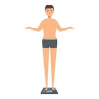 Young man checking his weight on a scale with a worried expression vector