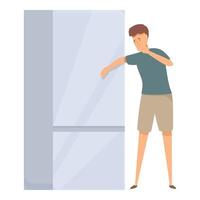 Sad young man looking for food in empty refrigerator vector
