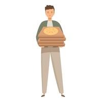 Young delivery man is holding a stack of pizza boxes vector