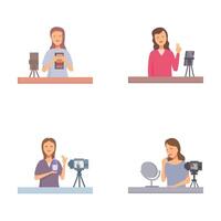 Set of podcast hosts recording episodes vector