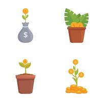 Four colorful illustrations depicting money growth concepts, including plants and coins vector