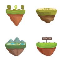 Set of four stylized floating islands representing virtual worlds and metaverse concepts vector