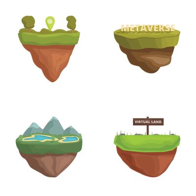 Set of four stylized floating islands representing virtual worlds and metaverse concepts