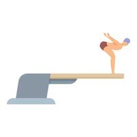 Professional swimmer standing on springboard preparing to jump into water vector