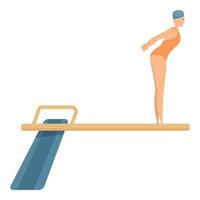 Female swimmer standing on springboard preparing to jump vector