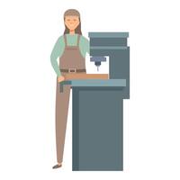 Female carpenter using vertical drilling machine in workshop vector