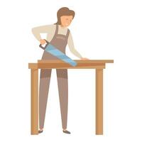Carpenter is sawing a wood plank using a handsaw vector