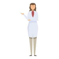 Female doctor explaining something wearing lab coat and pointing with hand vector