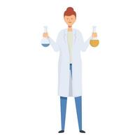 Smiling scientist woman holding two erlenmeyer flasks with chemical liquid for an experiment vector