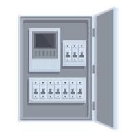 Open electrical panel showing circuit breakers and meter is being serviced by electrician vector