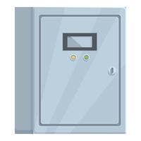 Grey metal electrical cabinet with display and indicators is mounted on wall vector