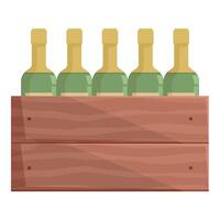Five green glass bottles of wine resting inside a wooden crate vector