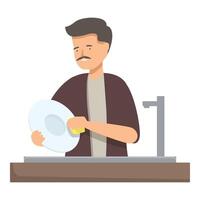 Man washing dishes in kitchen sink using sponge and soap vector