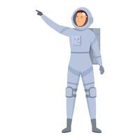 Astronaut wearing spacesuit pointing with finger at something interesting in outer space vector