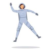Happy female astronaut floating in space wearing spacesuit waving at camera vector