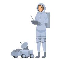 Space explorer in a white spacesuit is controlling a rover with a remote control vector