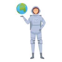 Smiling astronaut is presenting planet earth with her open hand vector