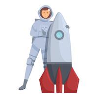 Smiling astronaut giving thumbs up standing near big space rocket vector