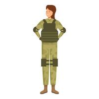 Smiling confident female soldier standing at attention in full gear vector