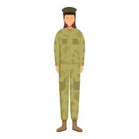 Smiling young woman soldier wearing camouflage military uniform standing at attention vector
