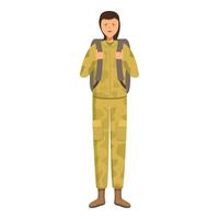 Female soldier is standing in full uniform, carrying a backpack, ready for deployment vector